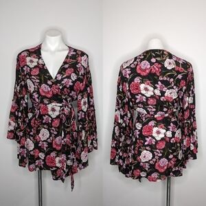 NWOT Billabong black pink floral wrap robe cover up M/L